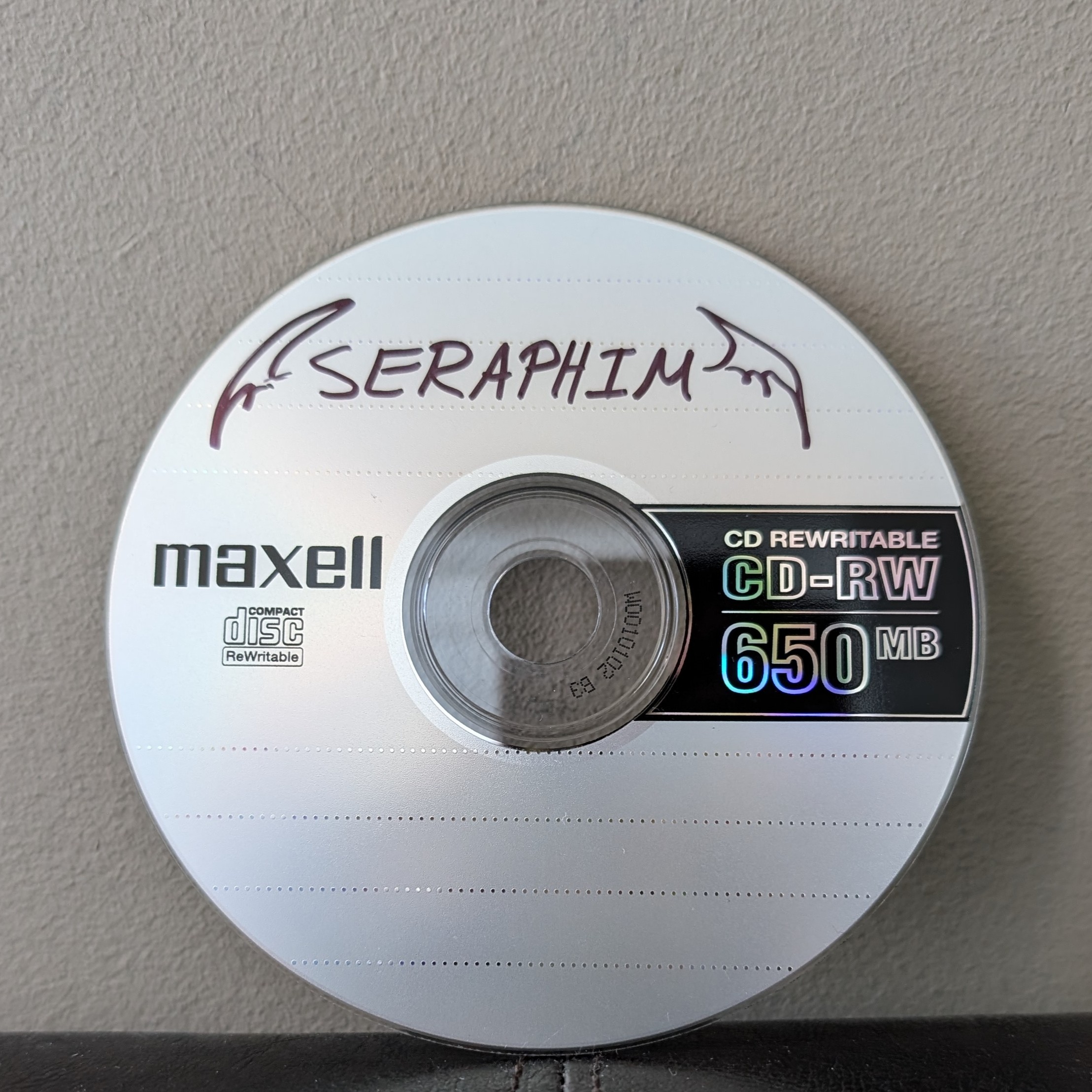 Seraphim CD.<br>
                This is the CD I used to burn music into. It has 20+ songs. I may add more in the future.