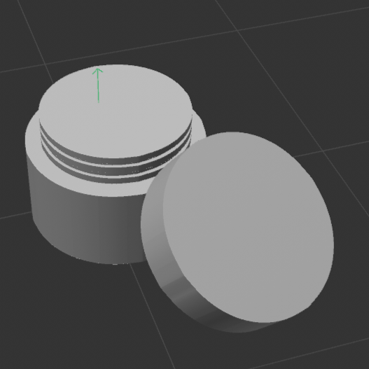 Face cream with open lid in Cinema4D. <br>
                I had fun using the rotate and the scale tool for this model.
                I also had to improvise on ways to recreate the screw of the container. What I did was that
                I squeezed the disc and duplicated it, then stacked it atop one another and attached it to
                the main disc.