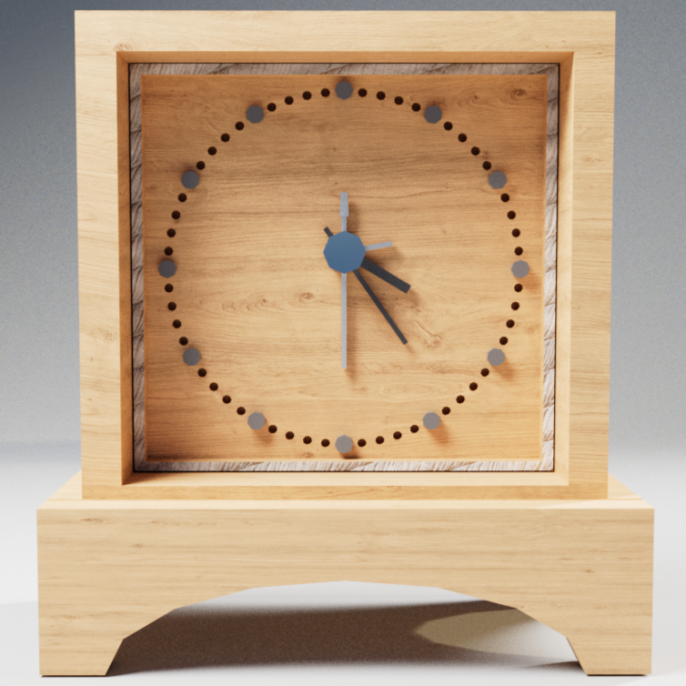 Render of the desk clock.<br>
                I added a wooden texture to the clock as well as a rope texture to the
                inside of the border. There is a metallic and a grey texture to the clock's hands.
                The hour digits also have the grey texture and the second digits are dug inside
                the wood with a boolean.