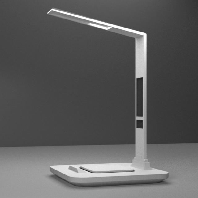 Render of the lamp.<br>
                I added a grey backdrop to contrast against the white material. The displays
                also have a black, flat texture.