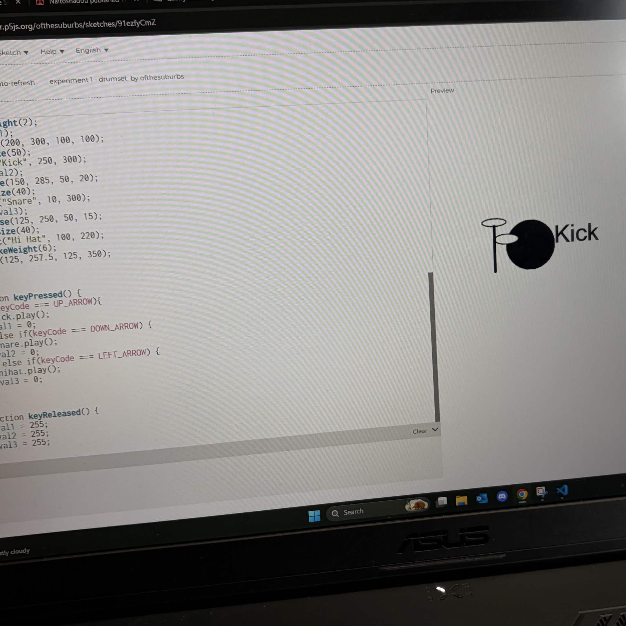 Experimented interactions with the Makey Makey and altered code with a P5*JS drum kit. Code is by ofthesuburbs.<br>
                <a href='https://editor.p5js.org/ofthesuburbs/sketches/91ezfyCmZ'>https://editor.p5js.org/ofthesuburbs/sketches/91ezfyCmZ</a>