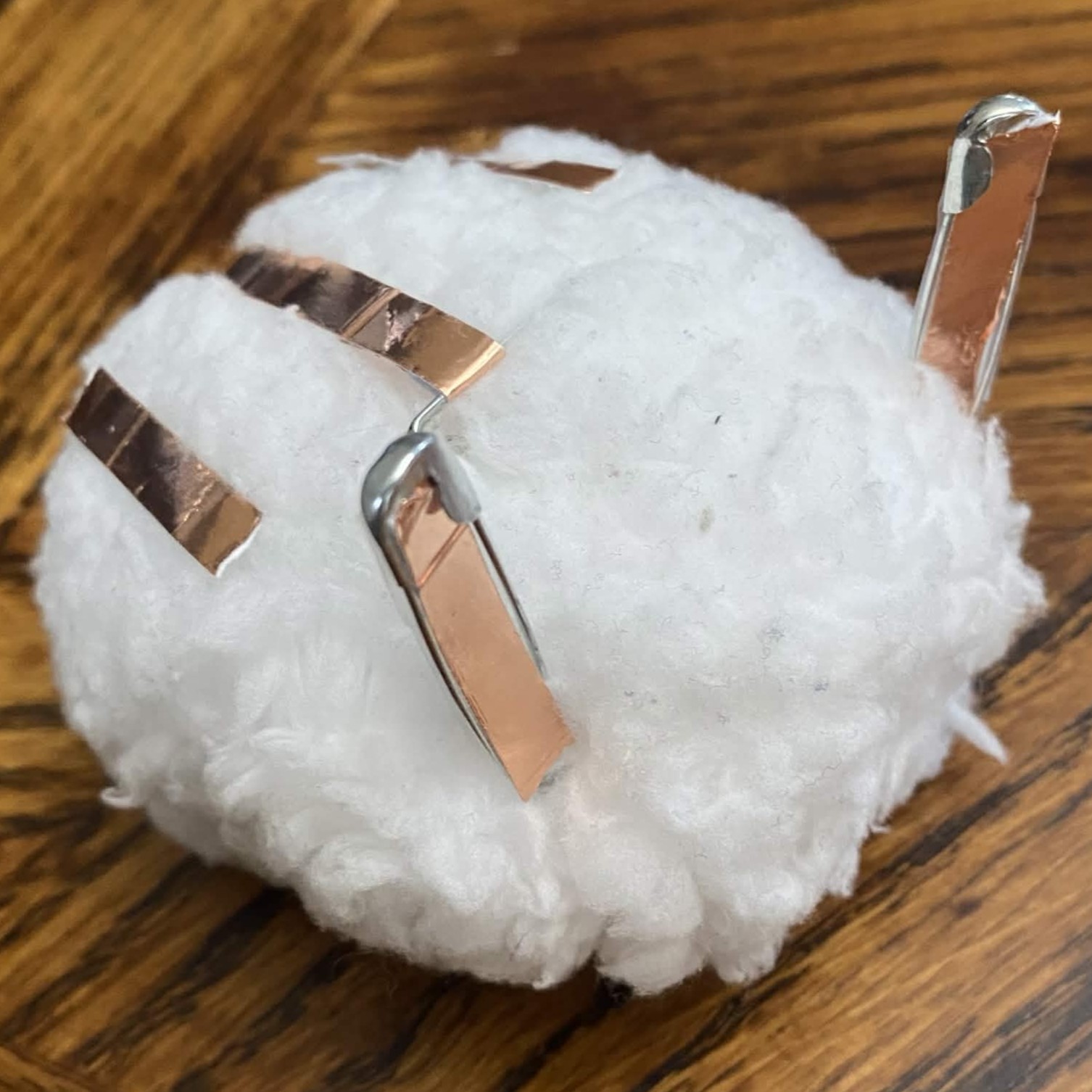 3/4 view of fluff ball prototype.