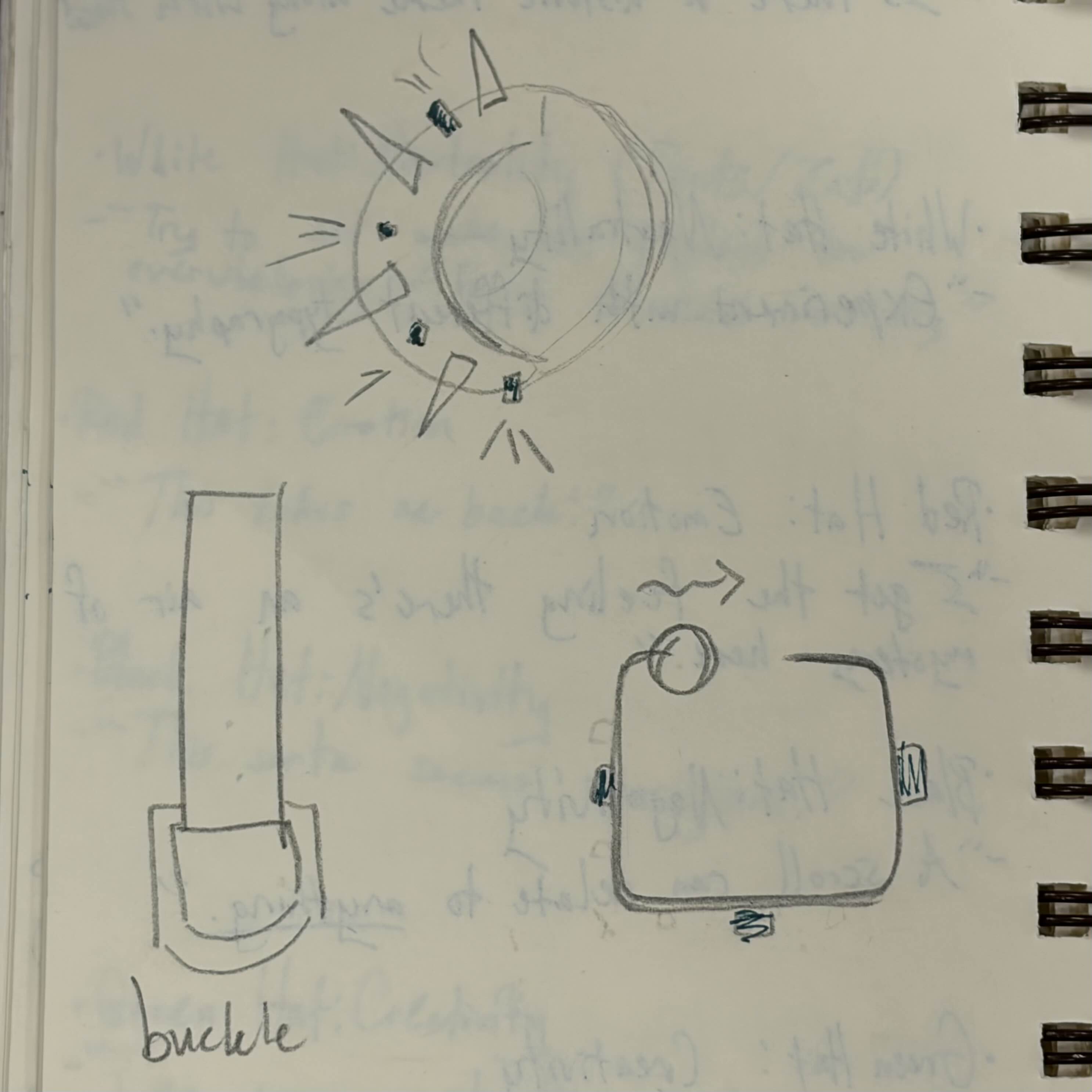 Entire document/sketch of the spiked bracelet. The buckle is an idea of how to connect
                the bracelet to the battery.