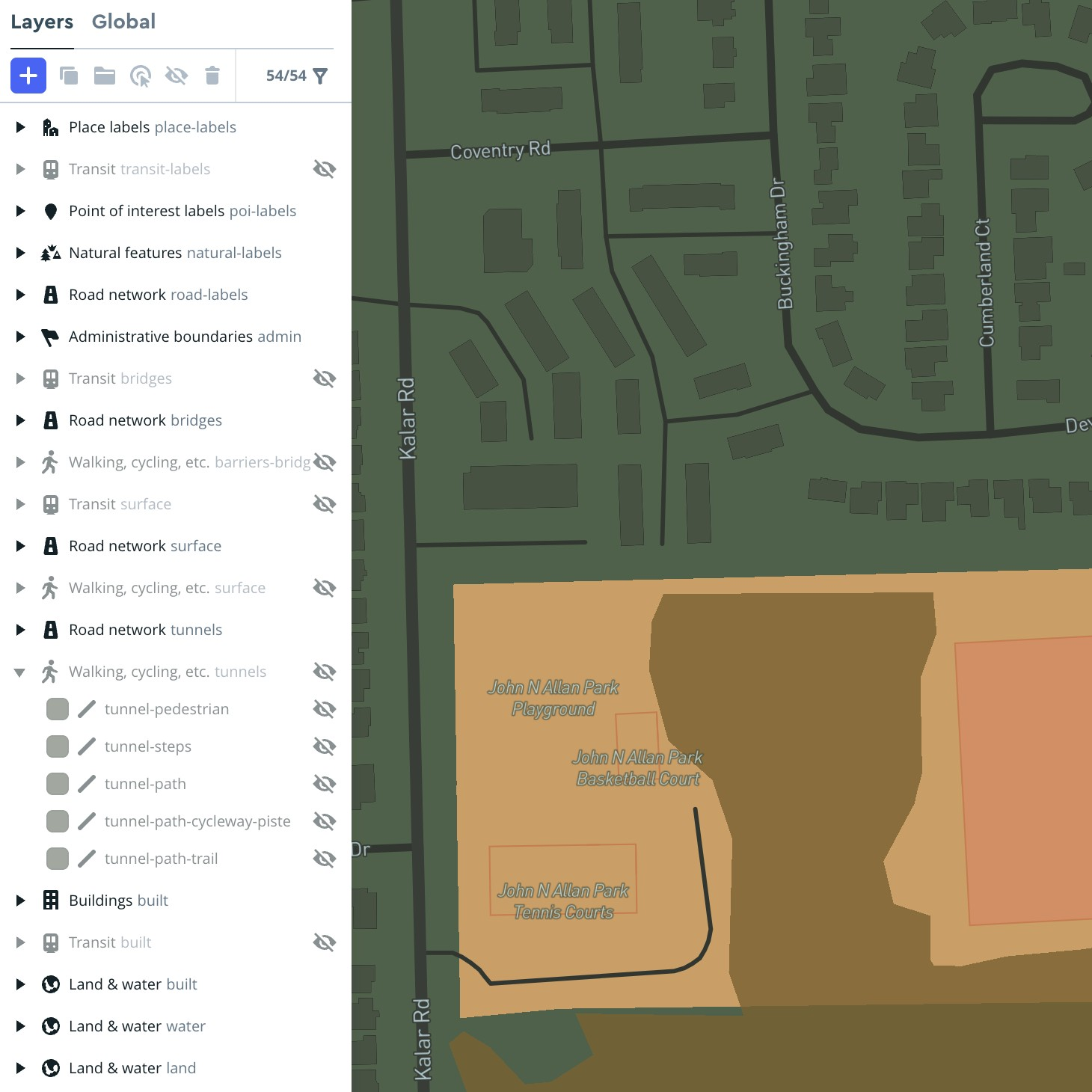 My first time working with the settings in Mapbox. The location is John N. Allan Park.