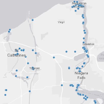 The official Niagara Falls' data mapping showing significant historical sites in the region.